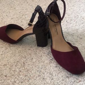 Burgundy suede closed toe and ankle strap heels, 7